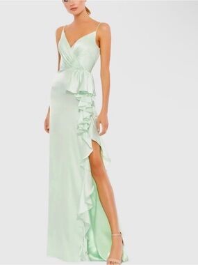 Mac Duggal Mint Pistachio Green Ruffle-Trim Satin Gown